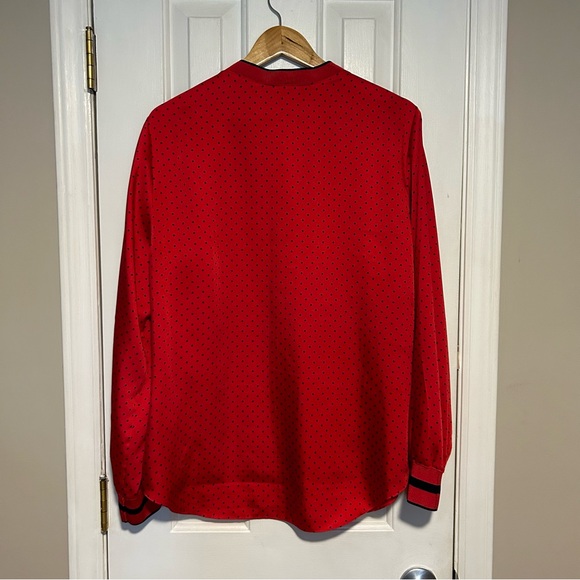 Lauren Ralph Lauren Red Satin V-Neck Cuffed Polka Dot Pullover Blouse | Size XL - Picture 4 of 11